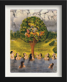 Krishna seated in a tree above a river with the gopis Painting - Meri Deewar 3 : 4 Vertical Premium Wall Art Canvas by MeriDeewar
