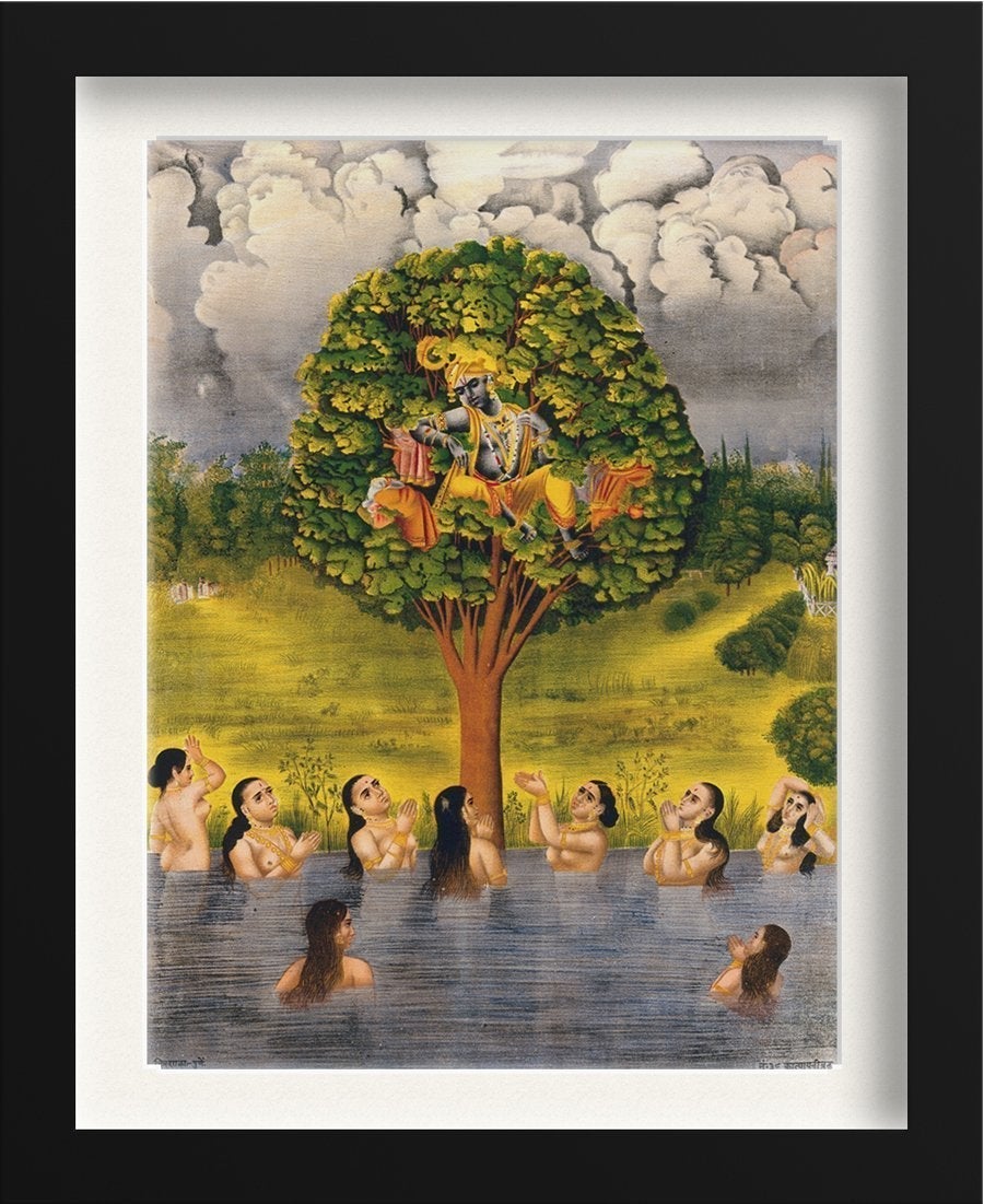 Krishna seated in a tree above a river with the gopis Painting - Meri Deewar 3 : 4 Vertical Premium Wall Art Canvas by MeriDeewar