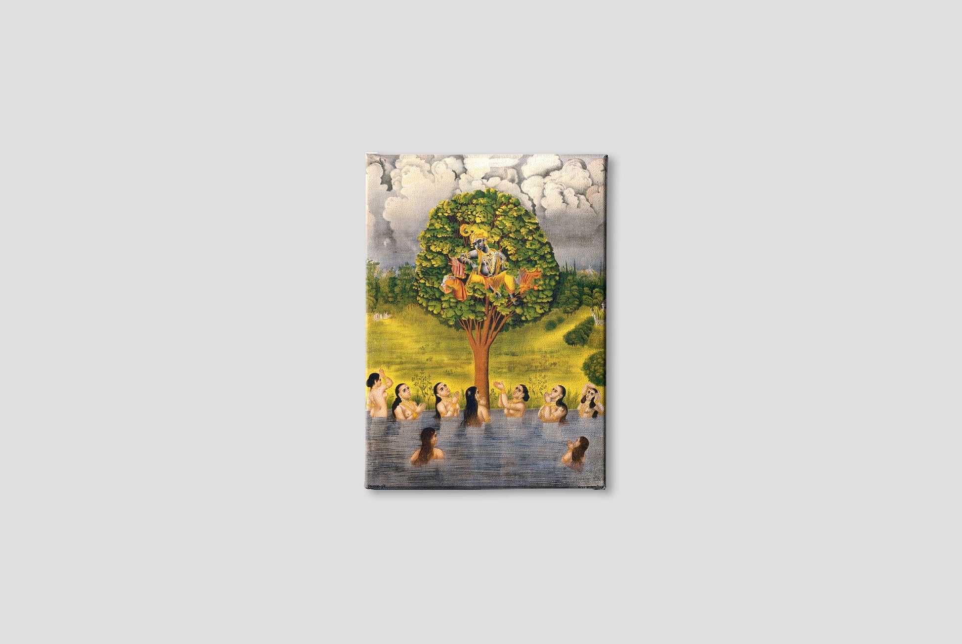 Krishna seated in a tree above a river with the gopis Painting - Meri Deewar 3 : 4 Vertical Premium Wall Art Canvas by MeriDeewar