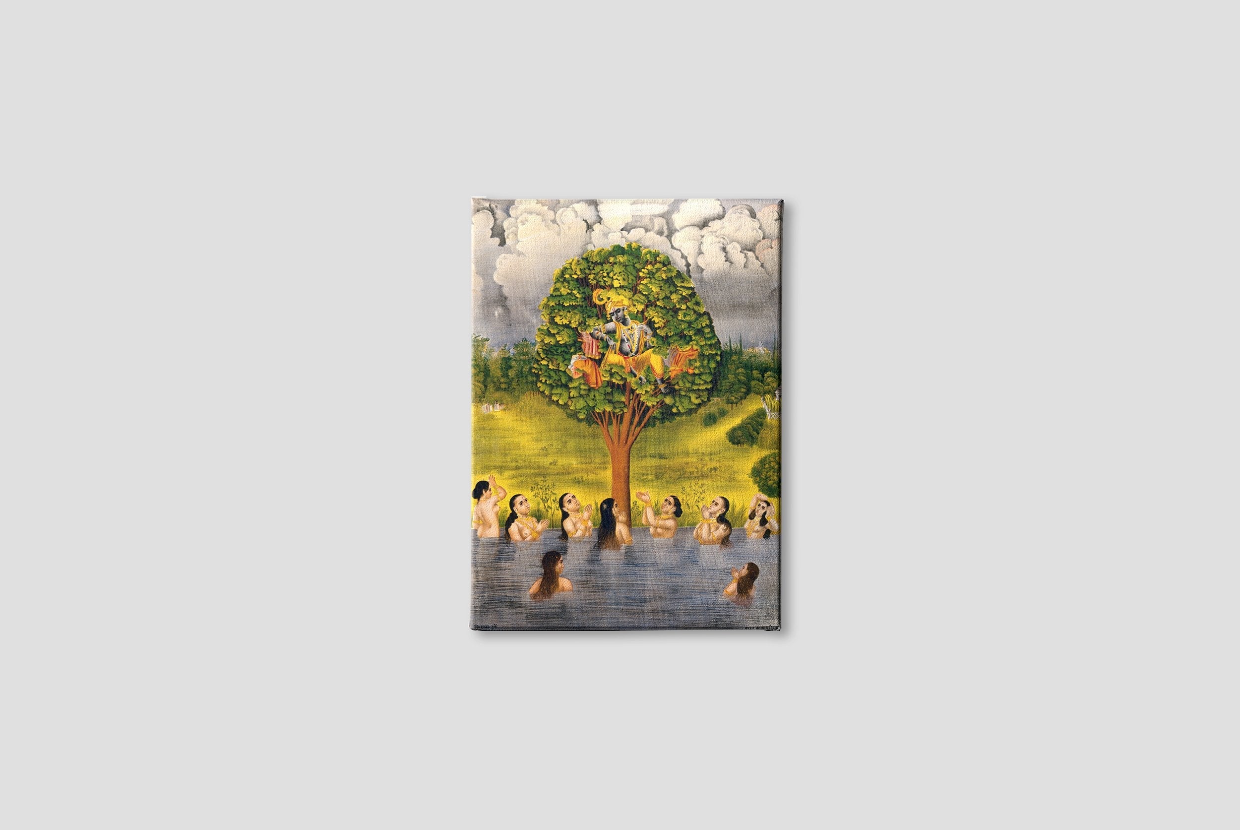 Krishna seated in a tree above a river with the gopis Painting - Meri Deewar 3 : 4 Vertical Premium Wall Art Canvas by MeriDeewar