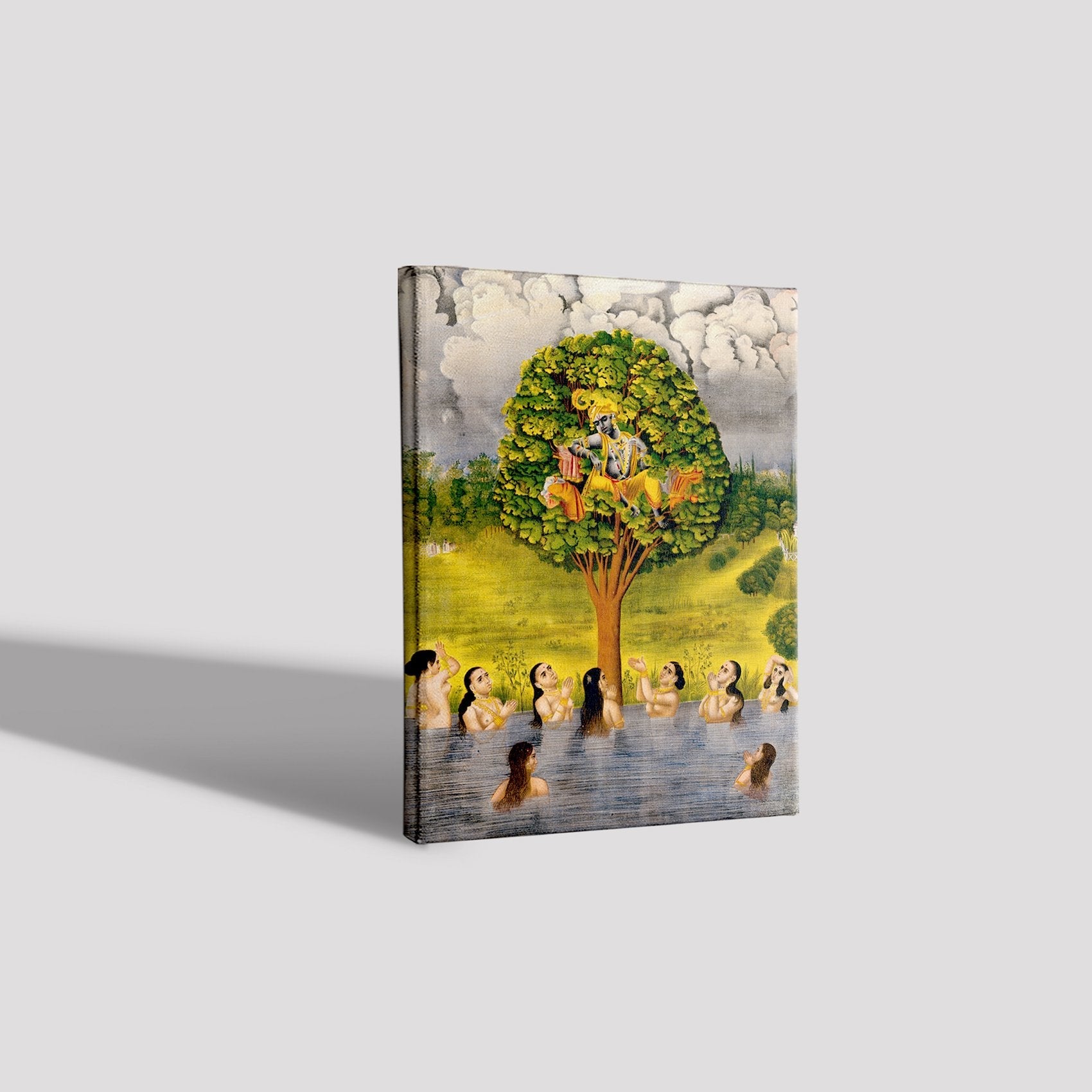 Krishna seated in a tree above a river with the gopis Painting - Meri Deewar 3 : 4 Vertical Premium Wall Art Canvas by MeriDeewar