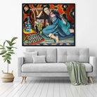 lady in blue silk dress-Meri Deewar Painting - Meri Deewar 4 :5 Vertical Premium Wall Art Canvas by MeriDeewar