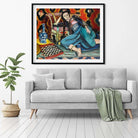 lady in blue silk dress-Meri Deewar Painting - Meri Deewar 4 :5 Vertical Premium Wall Art Canvas by MeriDeewar