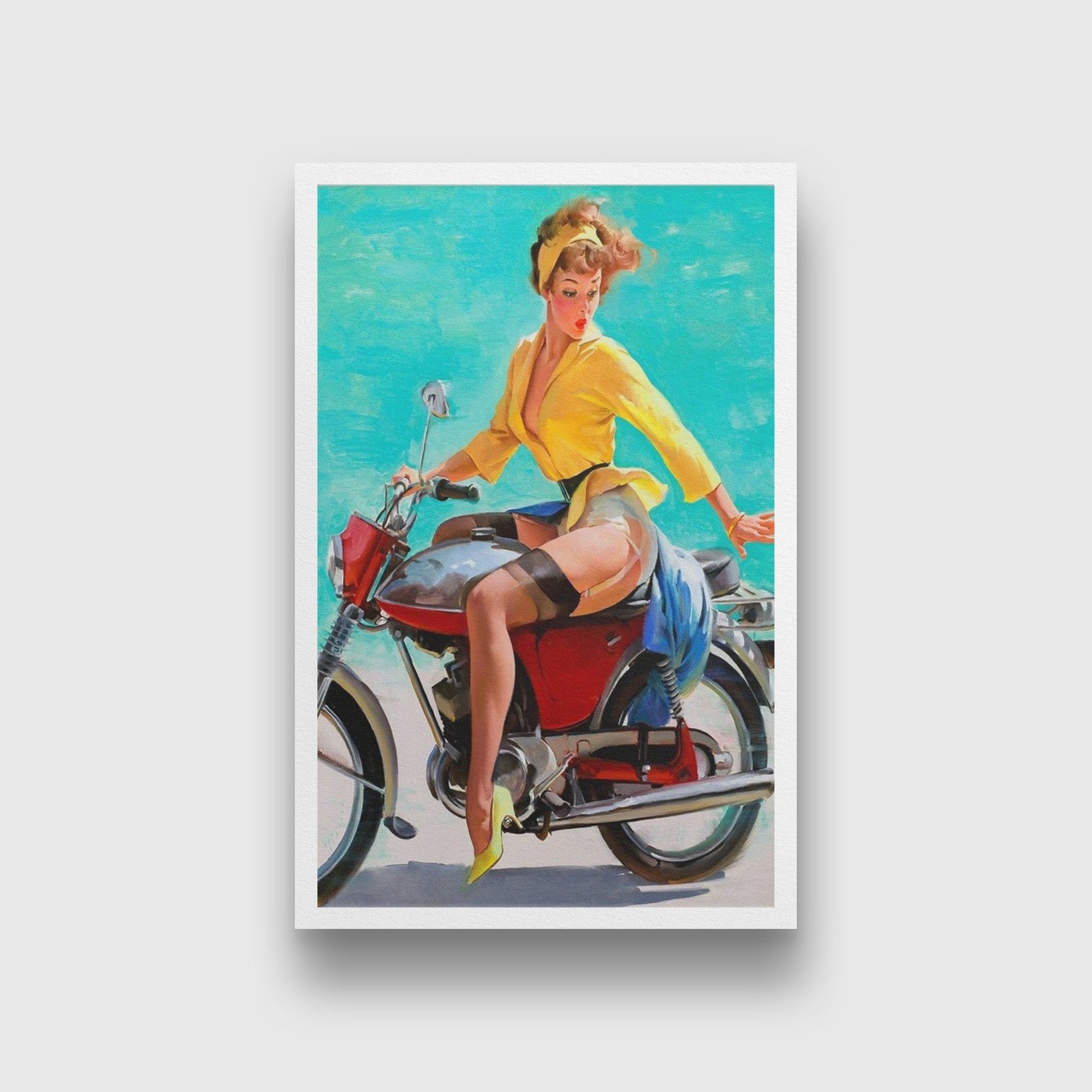 Lady on a bike Vintage Art Painting - Meri Deewar 2 : 3 Vertical Premium Wall Art Canvas by MeriDeewar