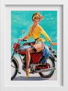 Lady on a bike Vintage Art Painting - Meri Deewar 2 : 3 Vertical Premium Wall Art Canvas by MeriDeewar