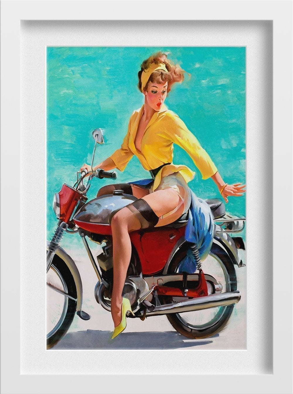 Lady on a bike Vintage Art Painting - Meri Deewar 2 : 3 Vertical Premium Wall Art Canvas by MeriDeewar