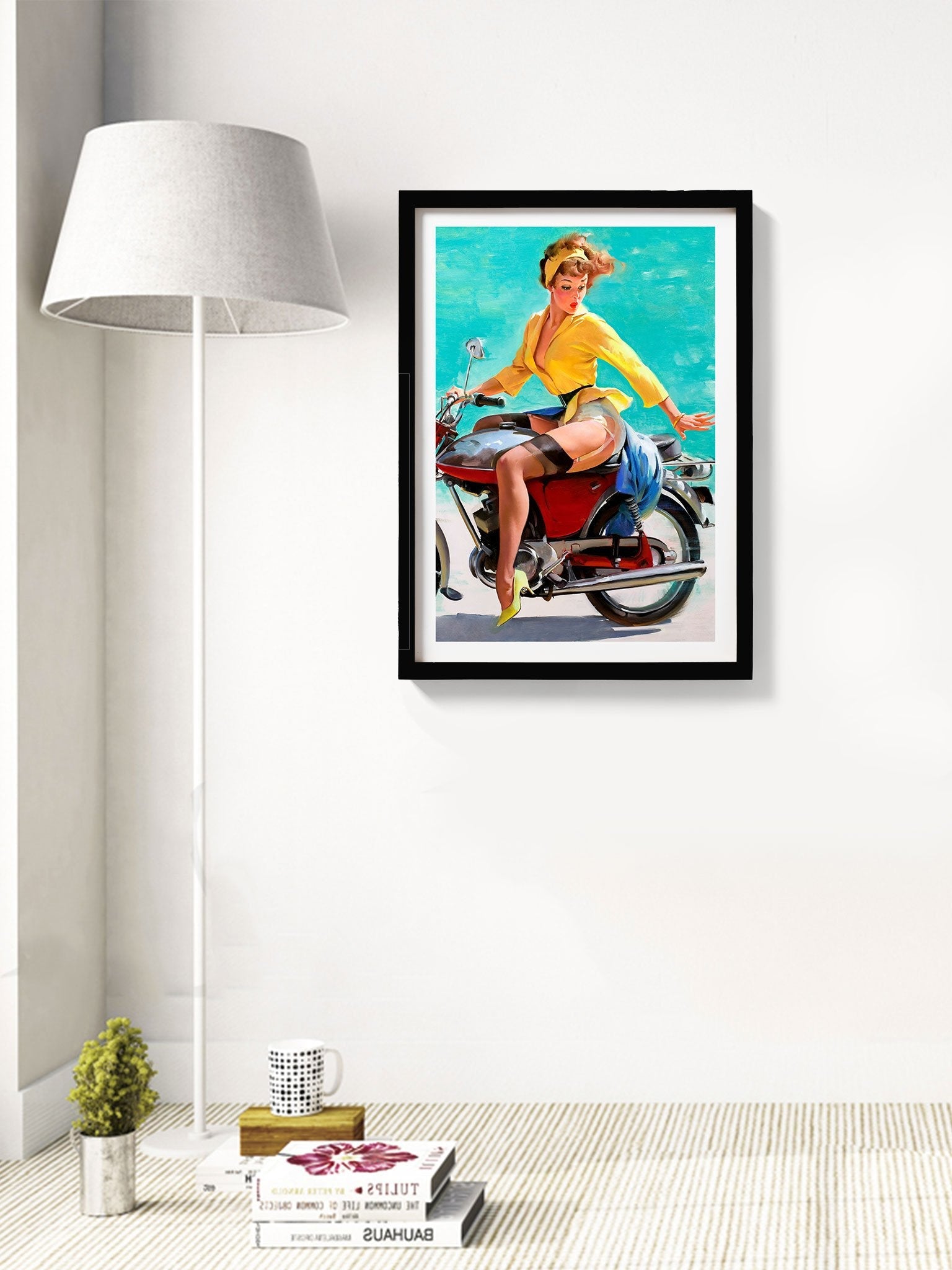 Lady on a bike Vintage Art Painting - Meri Deewar 2 : 3 Vertical Premium Wall Art Canvas by MeriDeewar