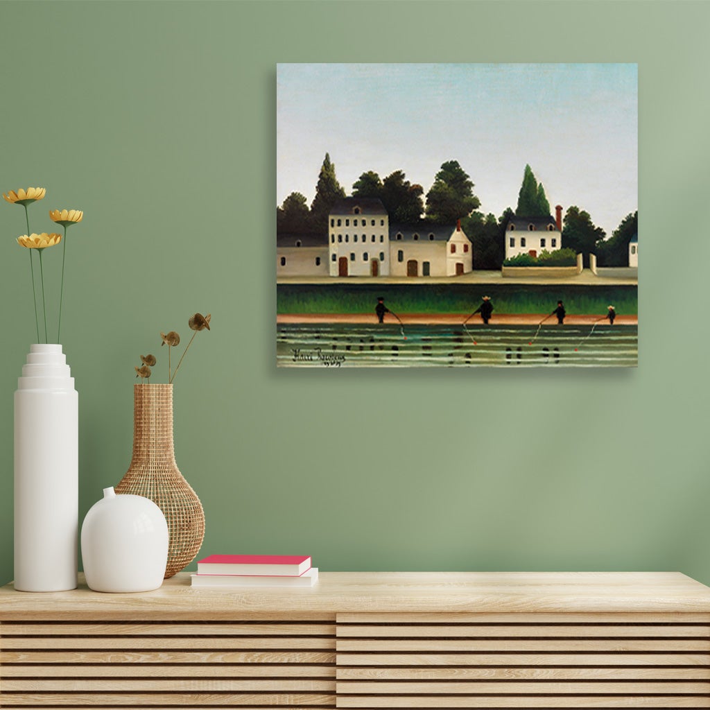 Landscape and Four Fisherman painting - Meri Deewar 6 : 5 Horizontal Premium Wall Art Canvas by MeriDeewar
