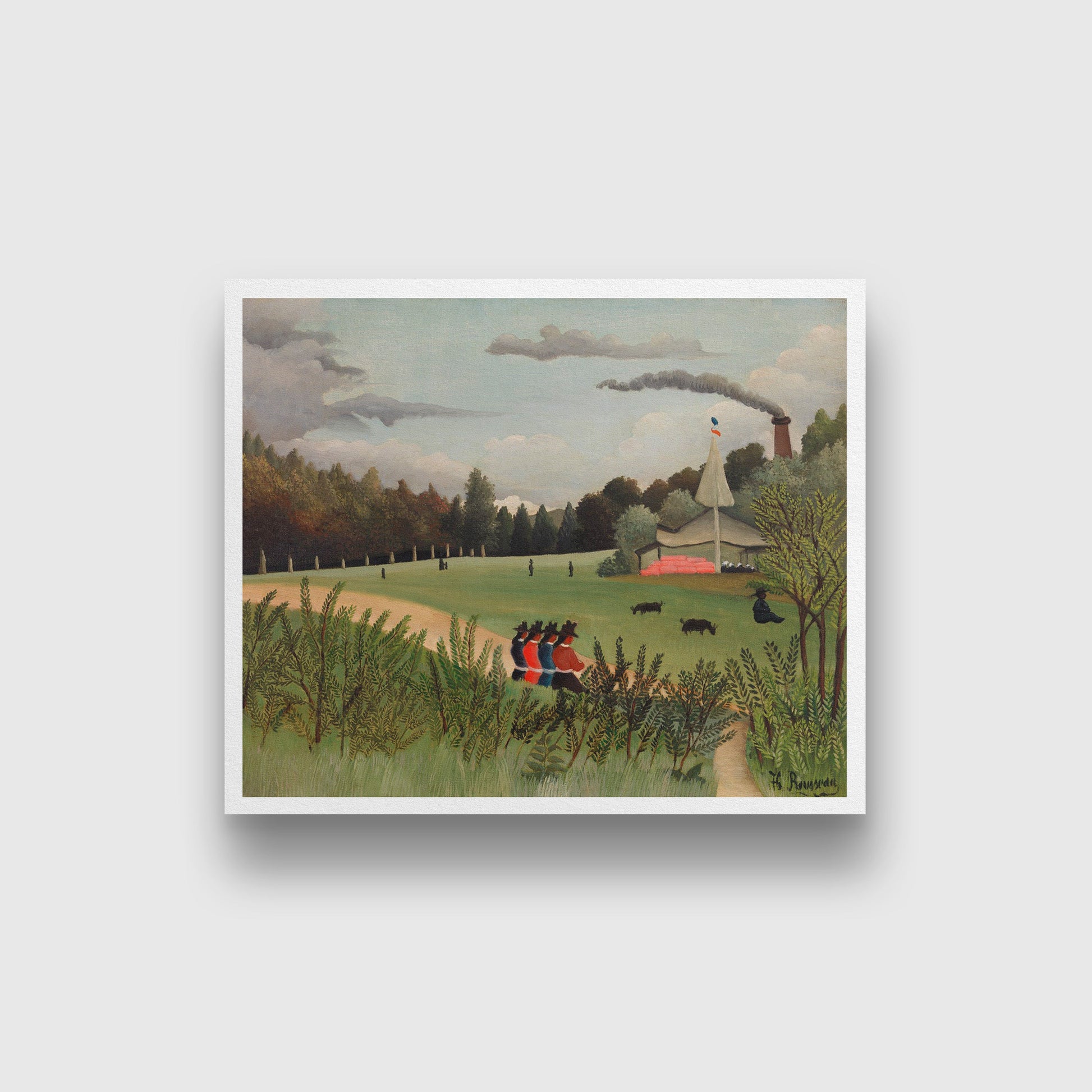 Landscape and Four Young Girls painting - Meri Deewar 5 : 4 Horizontal Premium Wall Art Canvas by MeriDeewar