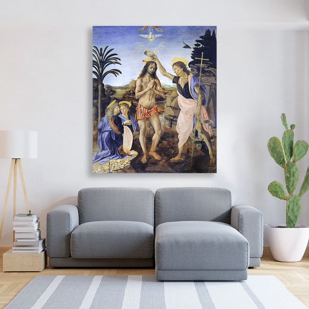 Leonardo da Vinci's Baptism of Christ Painting - Meri Deewar 5 : 6 Vertical Premium Wall Art Canvas by MeriDeewar