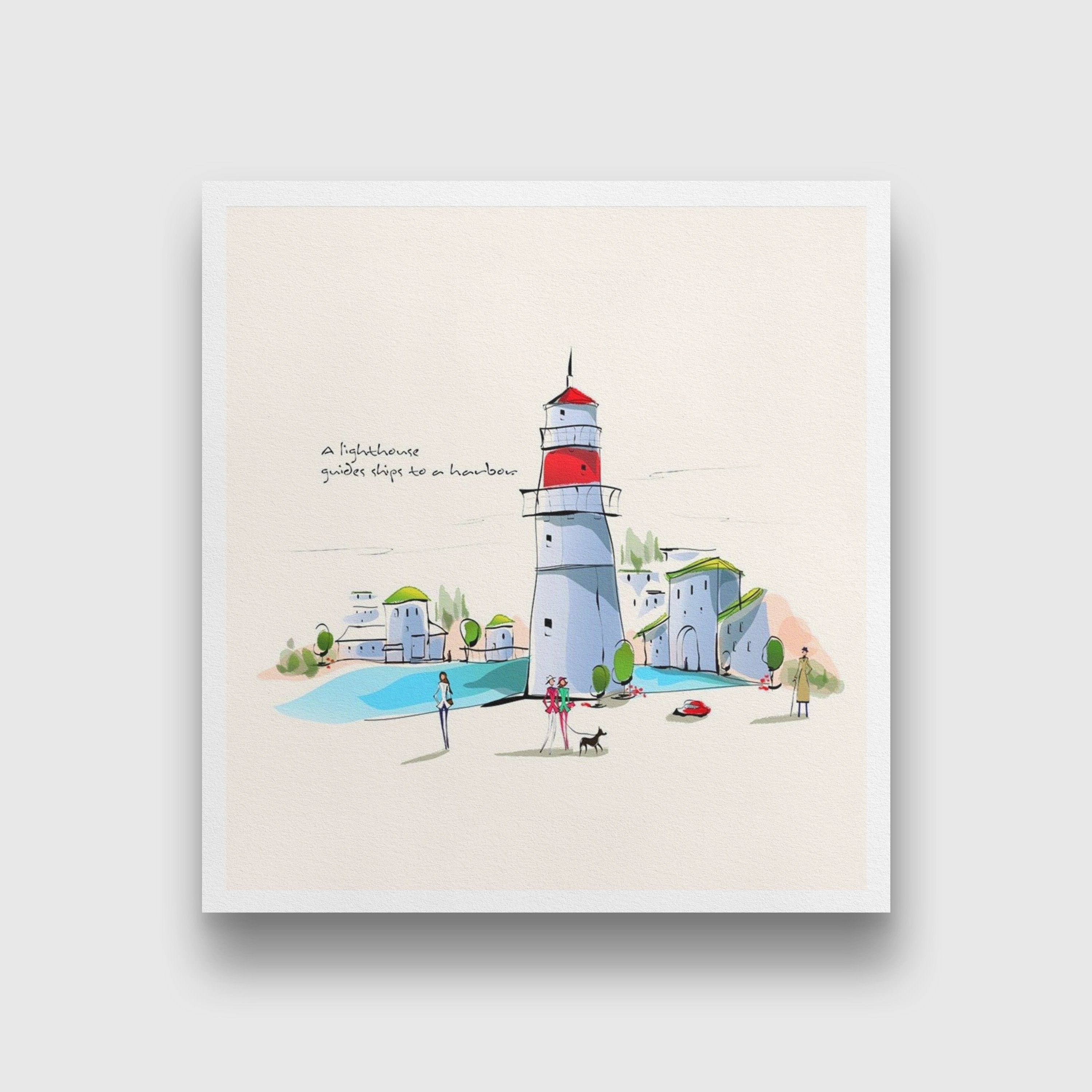 Lighthouse Artwork Painting - Meri Deewar 1 : 1 Square Premium Wall Art Canvas by MeriDeewar