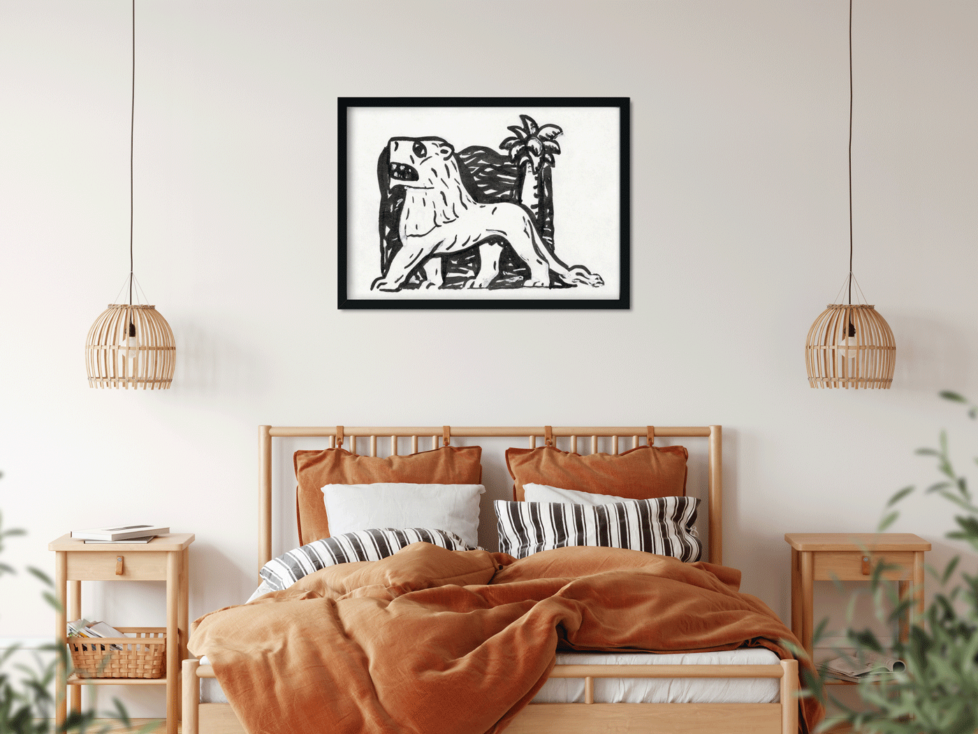 Lion stands in front of a palm tree Painting 3 : 2 Horizontal Premium Wall Art Canvas by MeriDeewar