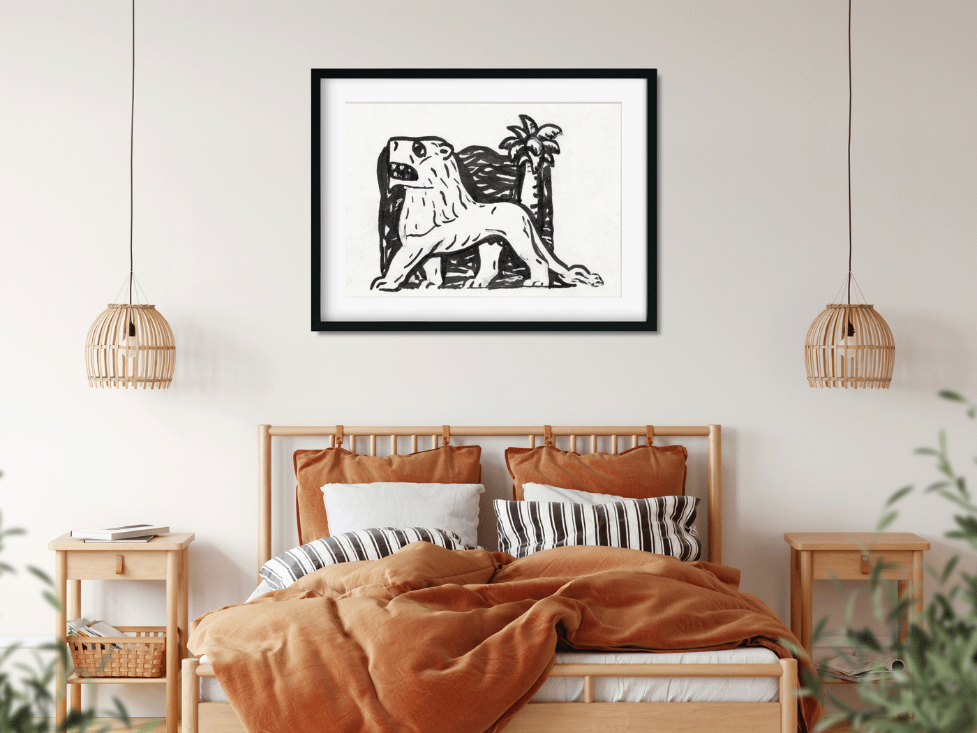 Lion stands in front of a palm tree Painting 3 : 2 Horizontal Premium Wall Art Canvas by MeriDeewar
