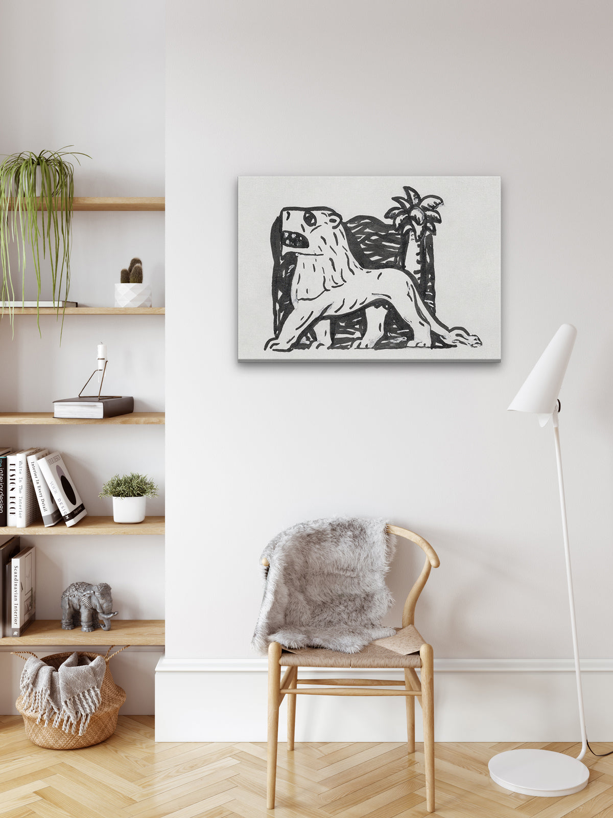 Lion stands in front of a palm tree Painting 3 : 2 Horizontal Premium Wall Art Canvas by MeriDeewar