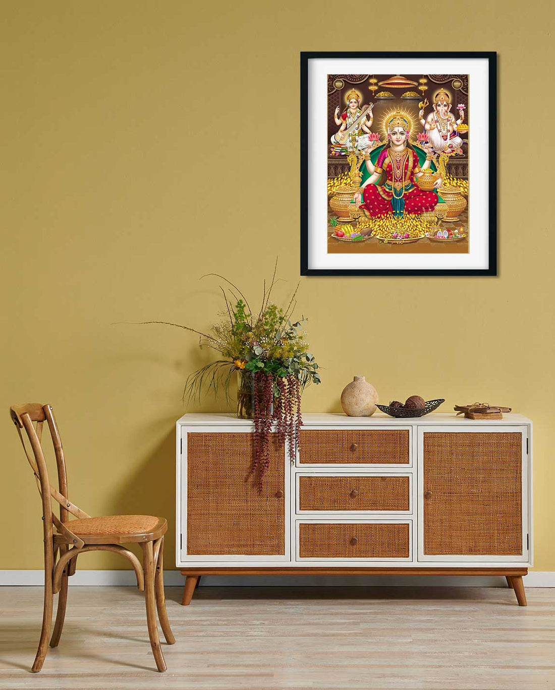 Lord Laxmi, Lord Ganesha, Lord Saraswati Painting 4 :5 Vertical Premium Wall Art Canvas by MeriDeewar
