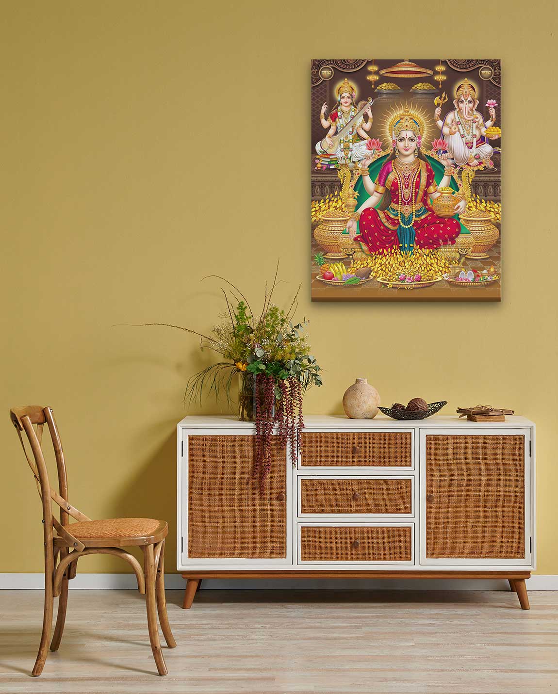 Lord Laxmi, Lord Ganesha, Lord Saraswati Painting 4 :5 Vertical Premium Wall Art Canvas by MeriDeewar