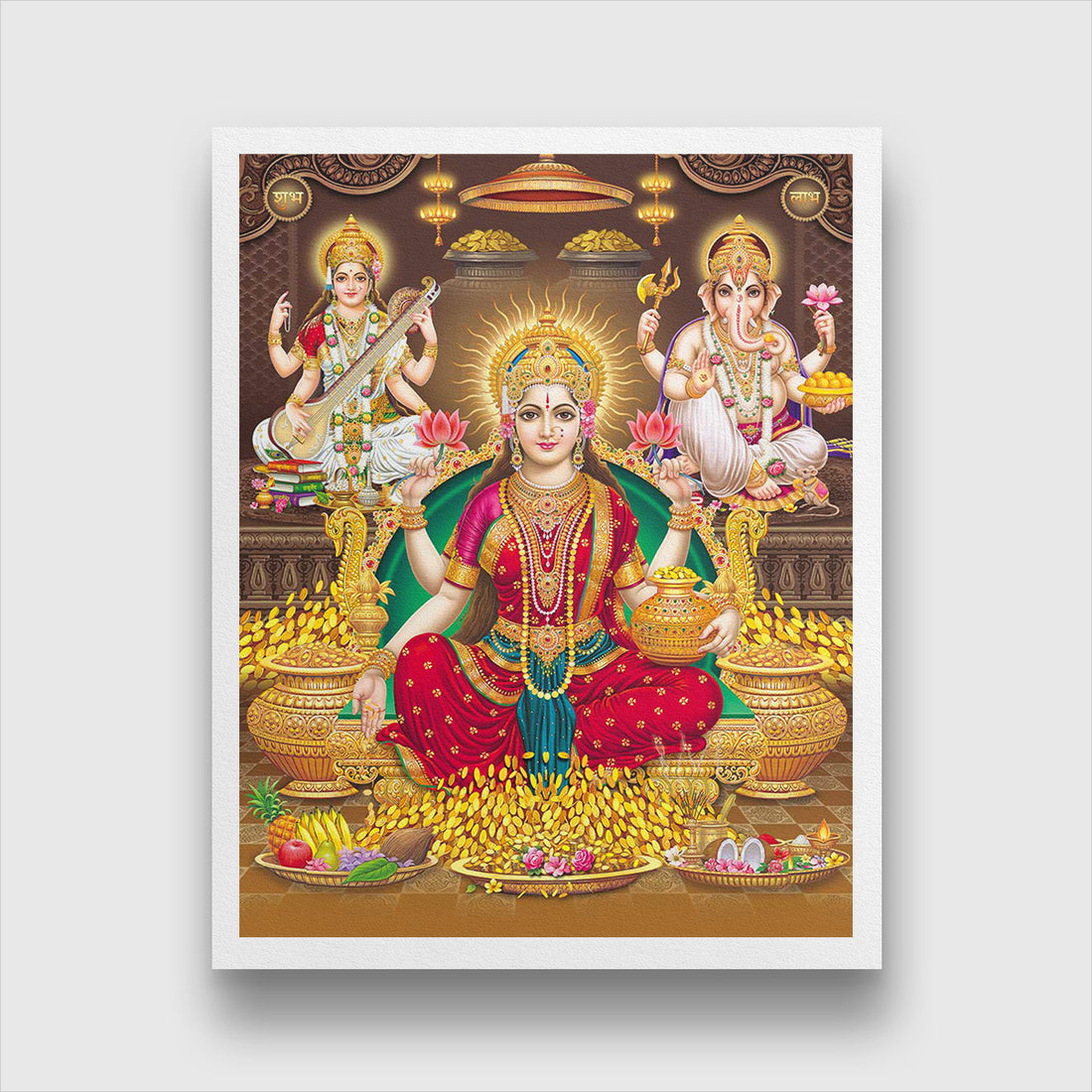 Lord Laxmi, Lord Ganesha, Lord Saraswati Painting 4 :5 Vertical Premium Wall Art Canvas by MeriDeewar