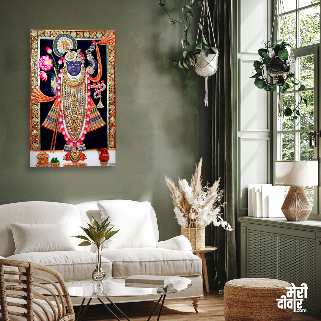 Lord Shrinath ji Shri Krishna Wall Painting 2 : 3 Vertical Premium Wall Art Canvas by MeriDeewar
