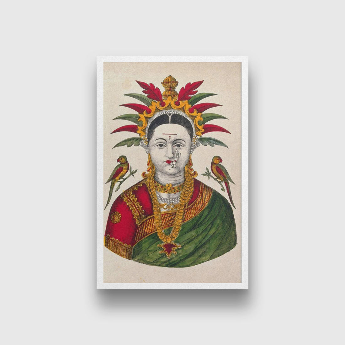 Mahalakshmi with two parrots Painting - Meri Deewar 2 : 3 Vertical Premium Wall Art Canvas by MeriDeewar