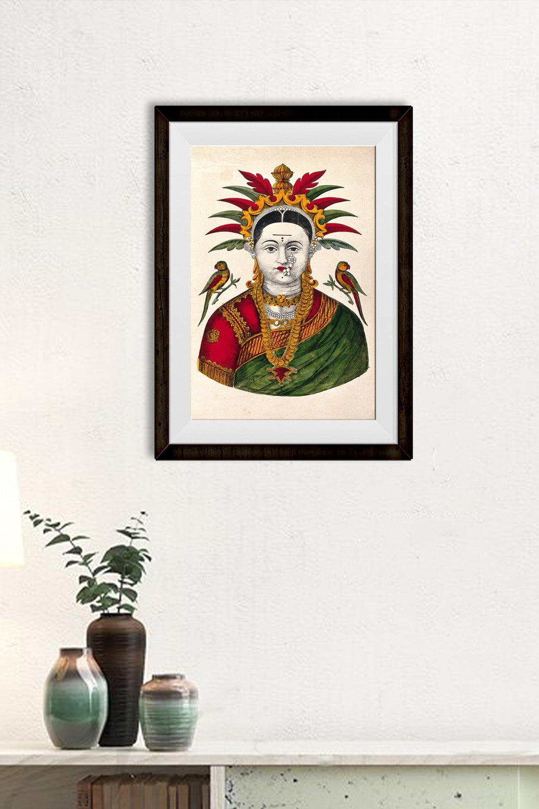 Mahalakshmi with two parrots Painting - Meri Deewar 2 : 3 Vertical Premium Wall Art Canvas by MeriDeewar