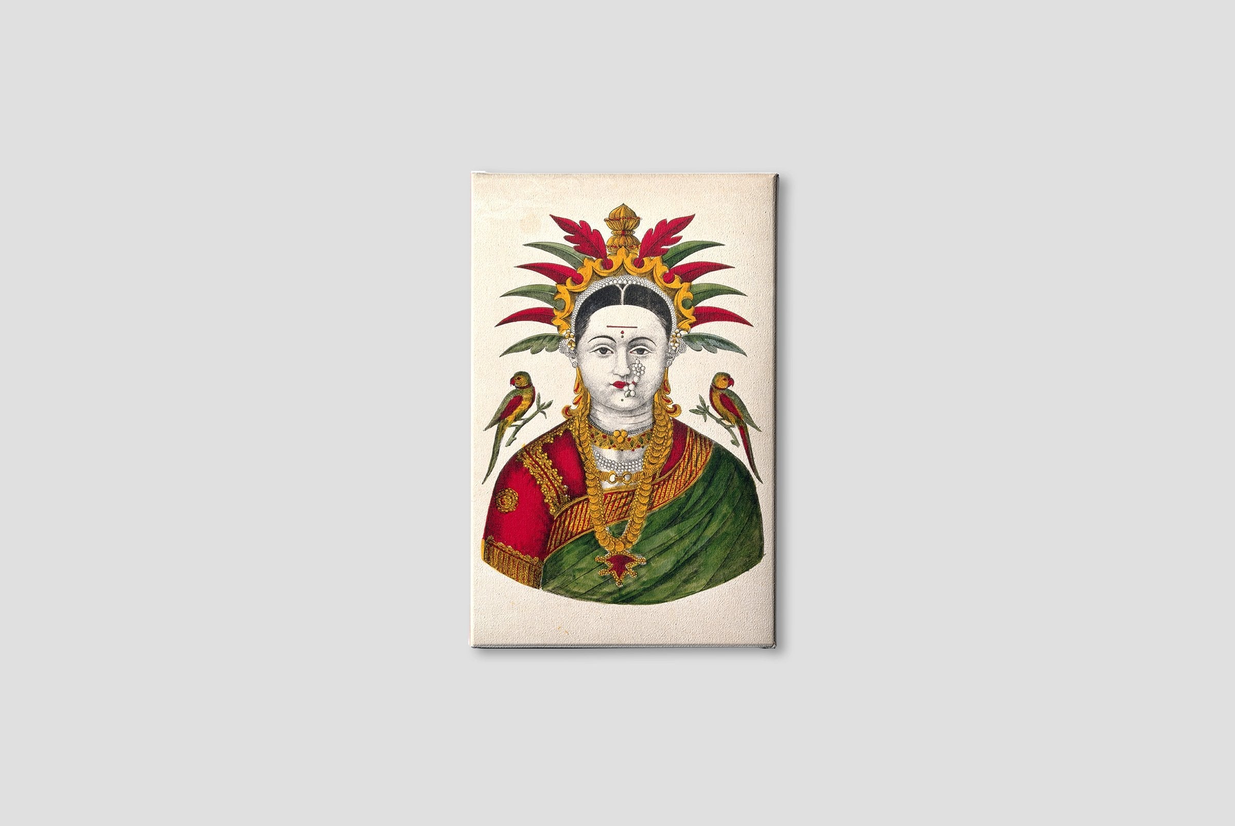 Mahalakshmi with two parrots Painting - Meri Deewar 2 : 3 Vertical Premium Wall Art Canvas by MeriDeewar