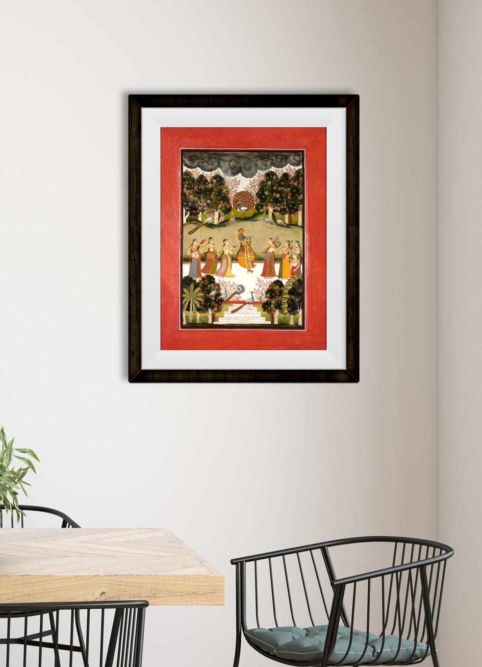 Malar Ragini: Krishna Playing The Flute To Seven Gopis Holding Musical Instruments Painting - Meri Deewar 3 : 4 Vertical Premium Wall Art Canvas by MeriDeewar