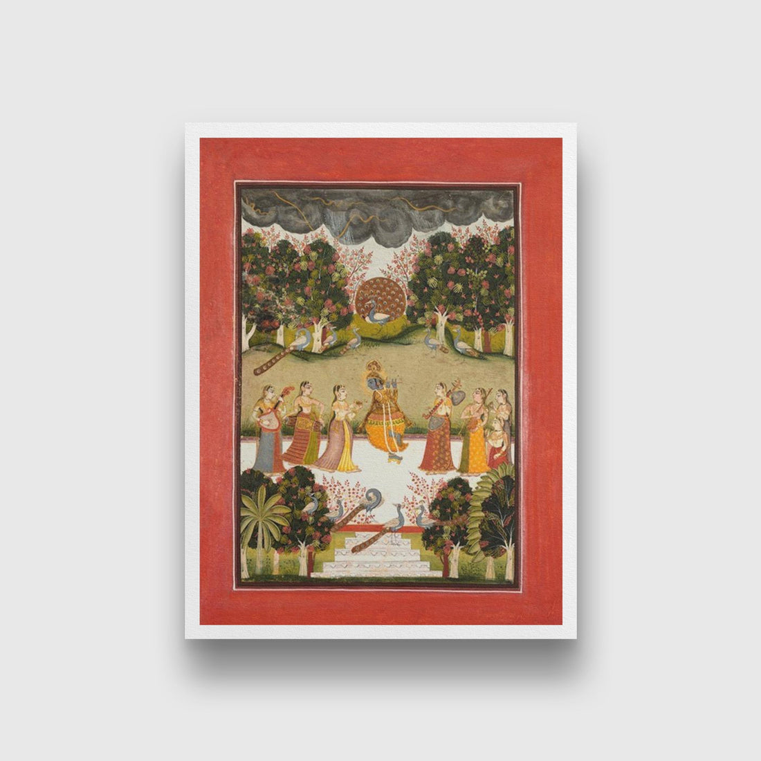 Malar Ragini: Krishna Playing The Flute To Seven Gopis Holding Musical Instruments Painting - Meri Deewar 3 : 4 Vertical Premium Wall Art Canvas by MeriDeewar