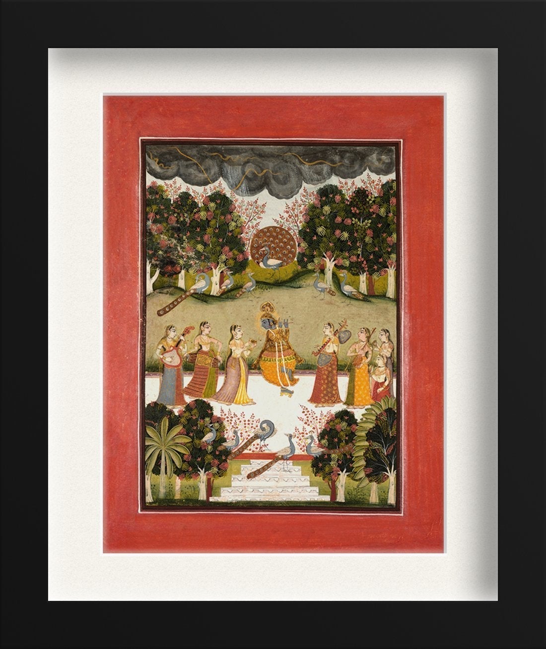 Malar Ragini: Krishna Playing The Flute To Seven Gopis Holding Musical Instruments Painting - Meri Deewar 3 : 4 Vertical Premium Wall Art Canvas by MeriDeewar
