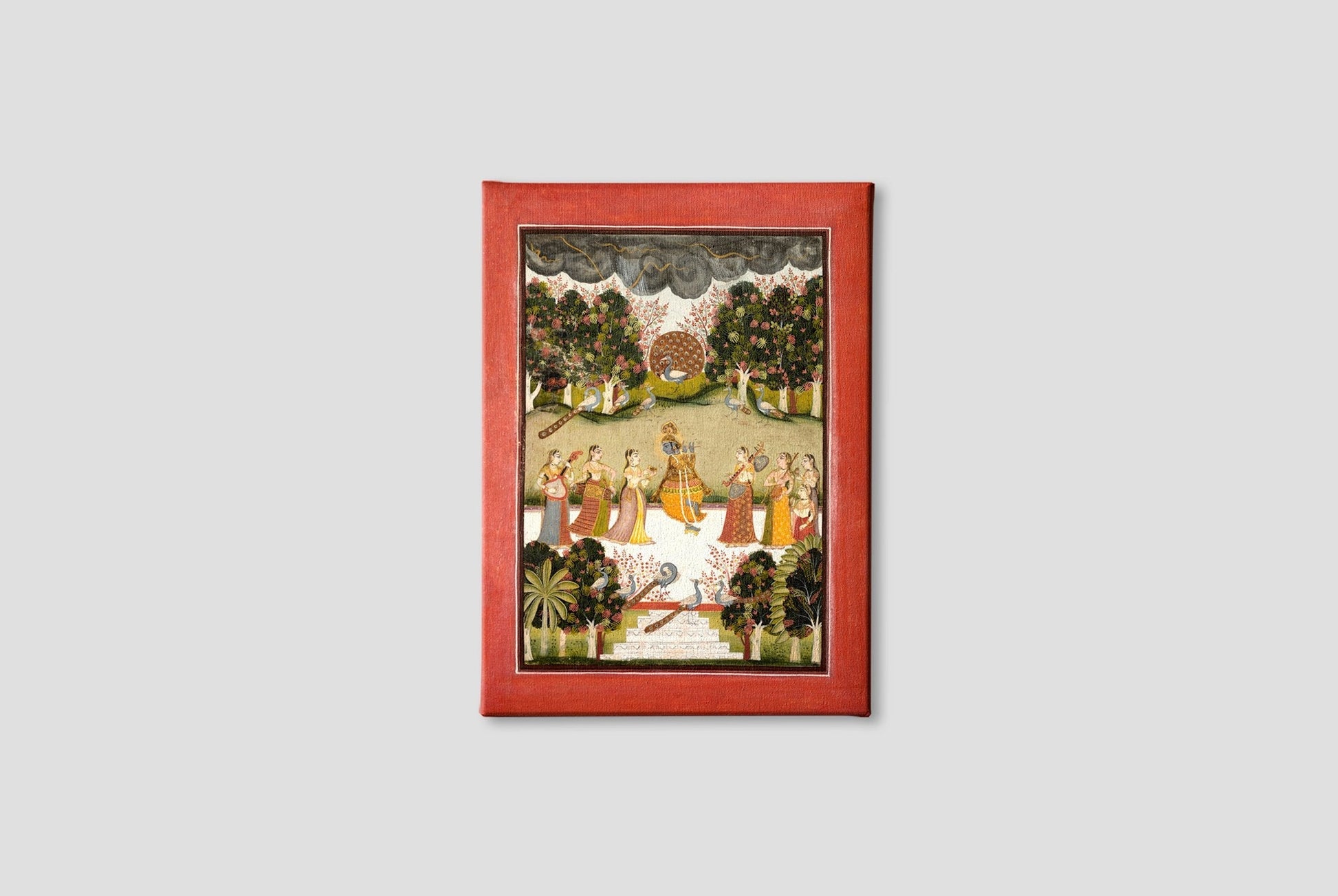 Malar Ragini: Krishna Playing The Flute To Seven Gopis Holding Musical Instruments Painting - Meri Deewar 3 : 4 Vertical Premium Wall Art Canvas by MeriDeewar