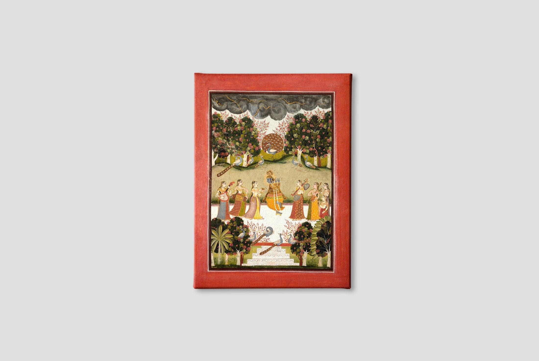 Malar Ragini: Krishna Playing The Flute To Seven Gopis Holding Musical Instruments Painting - Meri Deewar 3 : 4 Vertical Premium Wall Art Canvas by MeriDeewar