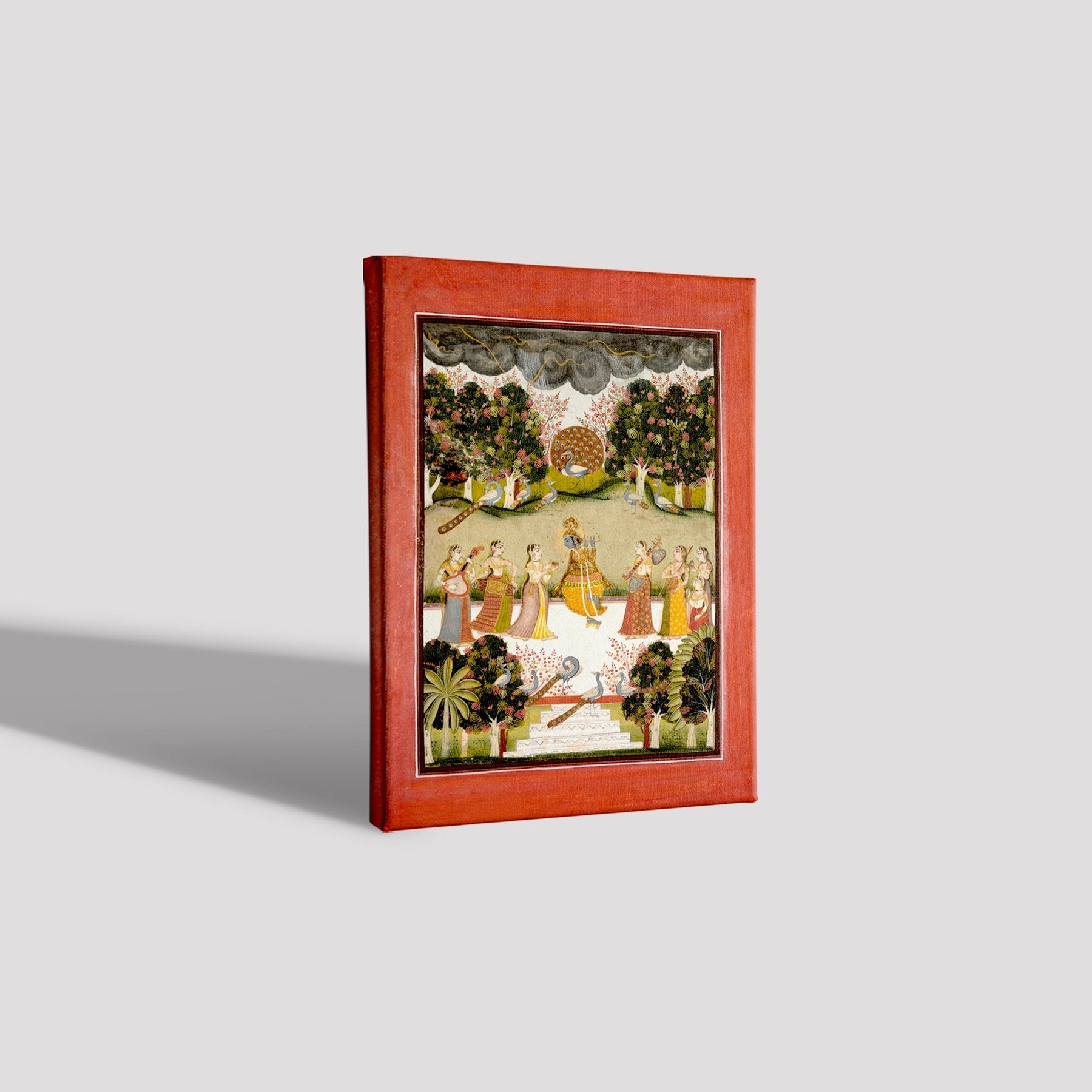 Malar Ragini: Krishna Playing The Flute To Seven Gopis Holding Musical Instruments Painting - Meri Deewar 3 : 4 Vertical Premium Wall Art Canvas by MeriDeewar