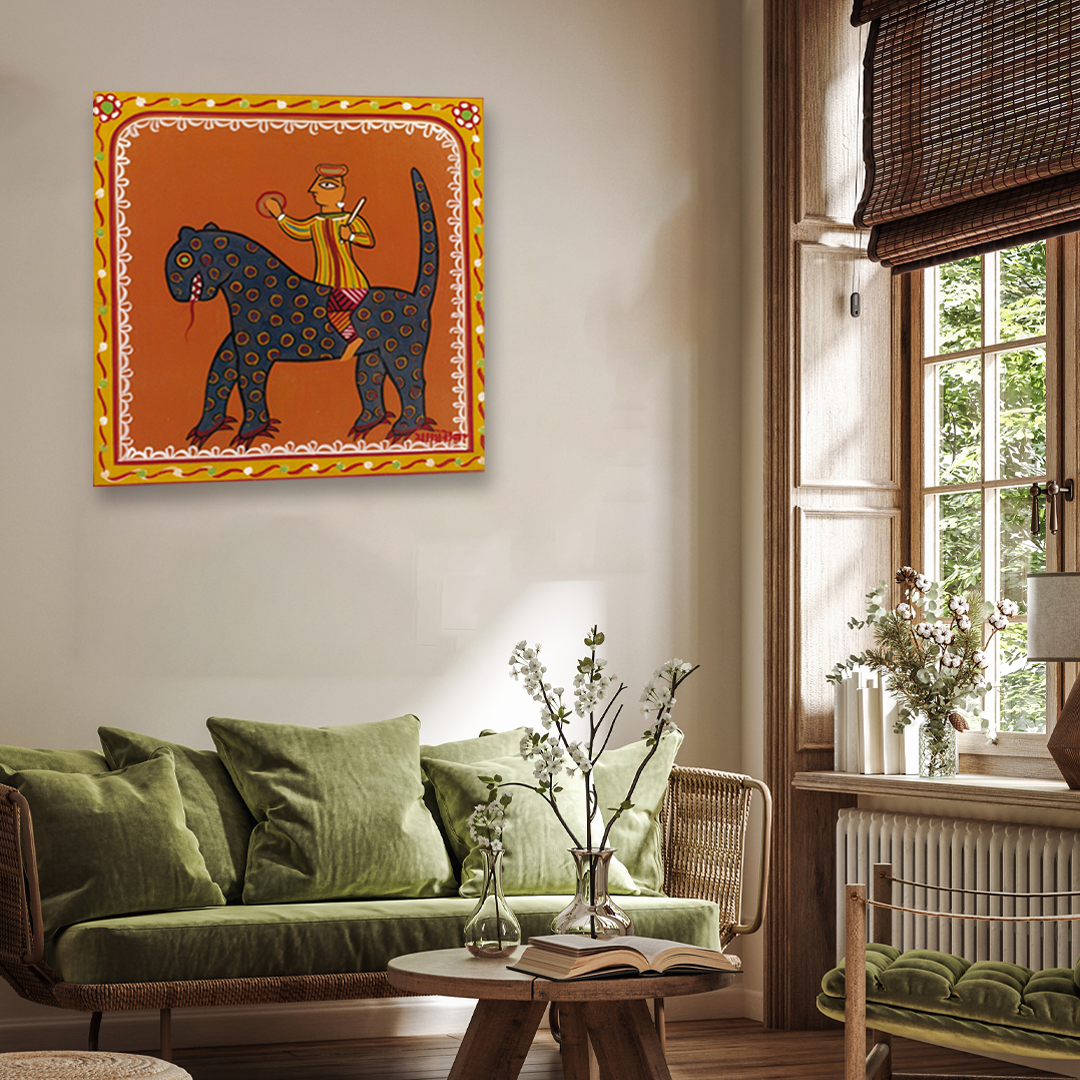 Man on a Beast Jamini Roy Painting 1 : 1 Square Premium Wall Art Canvas by MeriDeewar