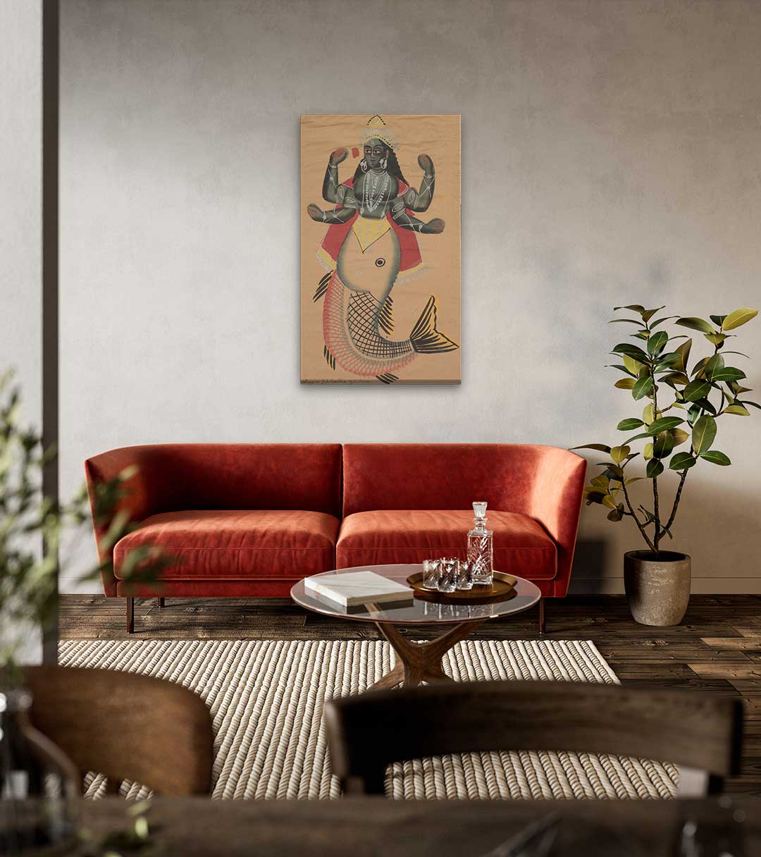 Matsya, Fish Avatara of Vishnu Painting 1 : 2 Vertical Premium Wall Art Canvas by MeriDeewar