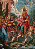 Durga riding on a lion with Ganesha Painting - Meri Deewar - MeriDeewar