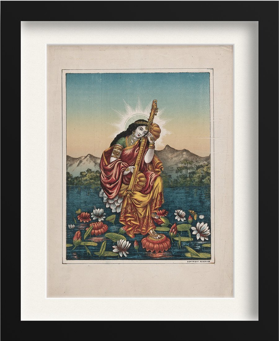 Sarasvati with a musical instrument, sitting on a lotus Painting - Meri Deewar - MeriDeewar