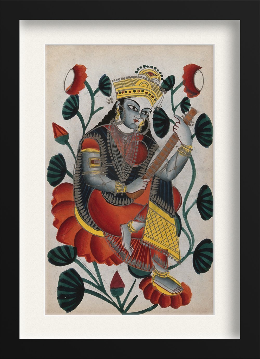 Sarasvati-sitting-on-lotuses-plying-her-vina.-Watercolour-drawing Painting - Meri Deewar - MeriDeewar