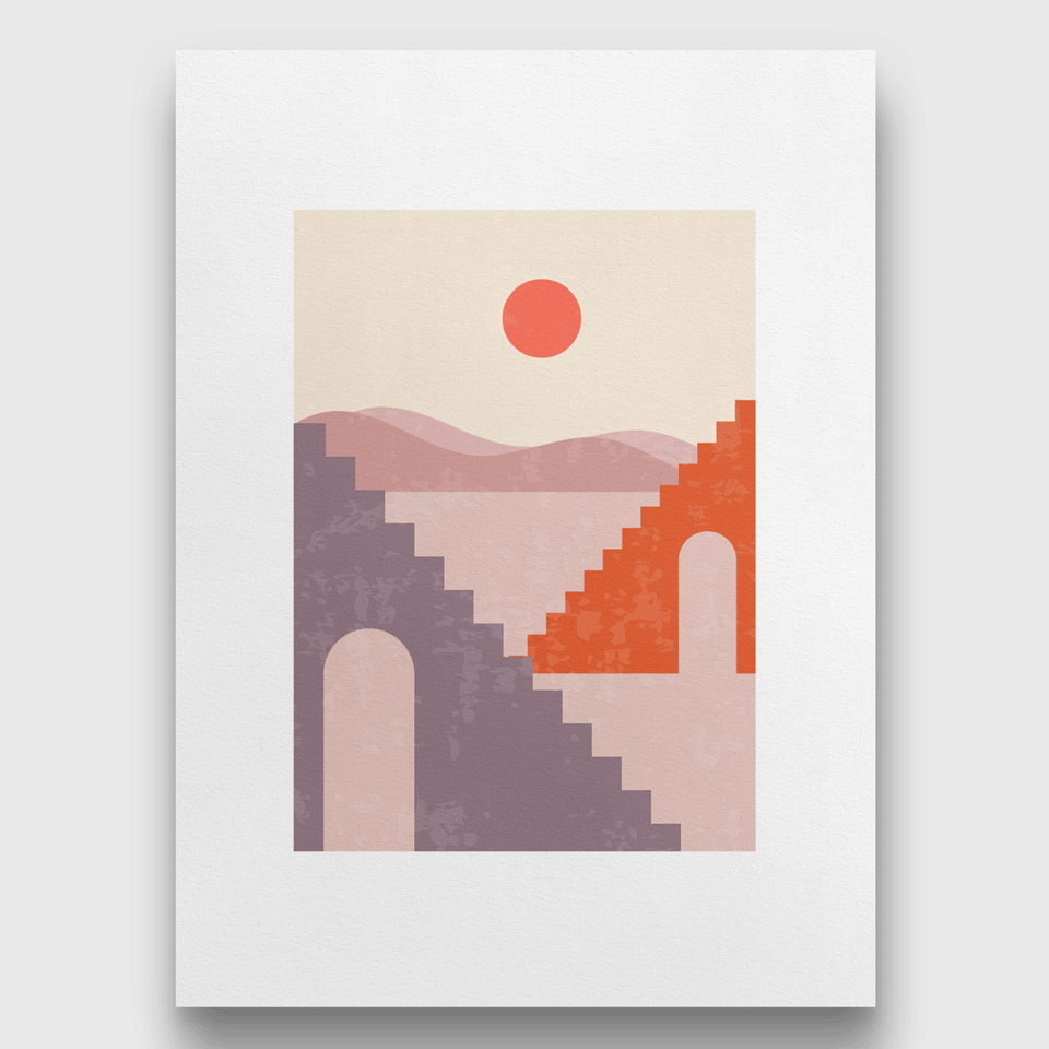 Minimalist Geometric Art Sun and Mountain Painting 4 X 5.5 Vertical Premium Wall Art Canvas by MeriDeewar