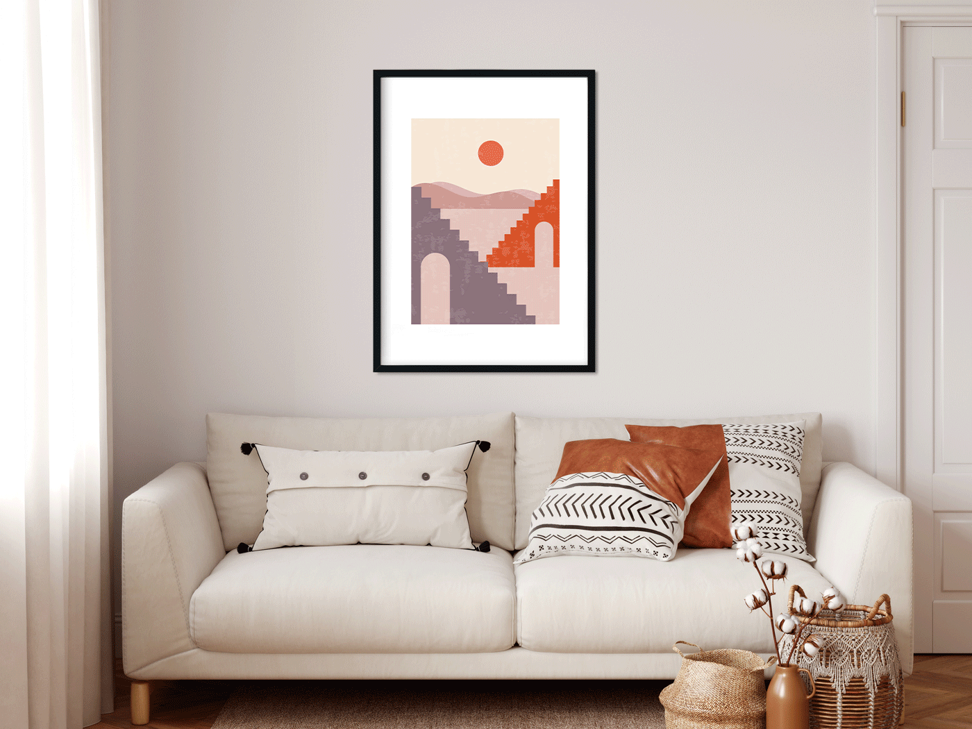 Minimalist Geometric Art Sun and Mountain Painting 4 X 5.5 Vertical Premium Wall Art Canvas by MeriDeewar