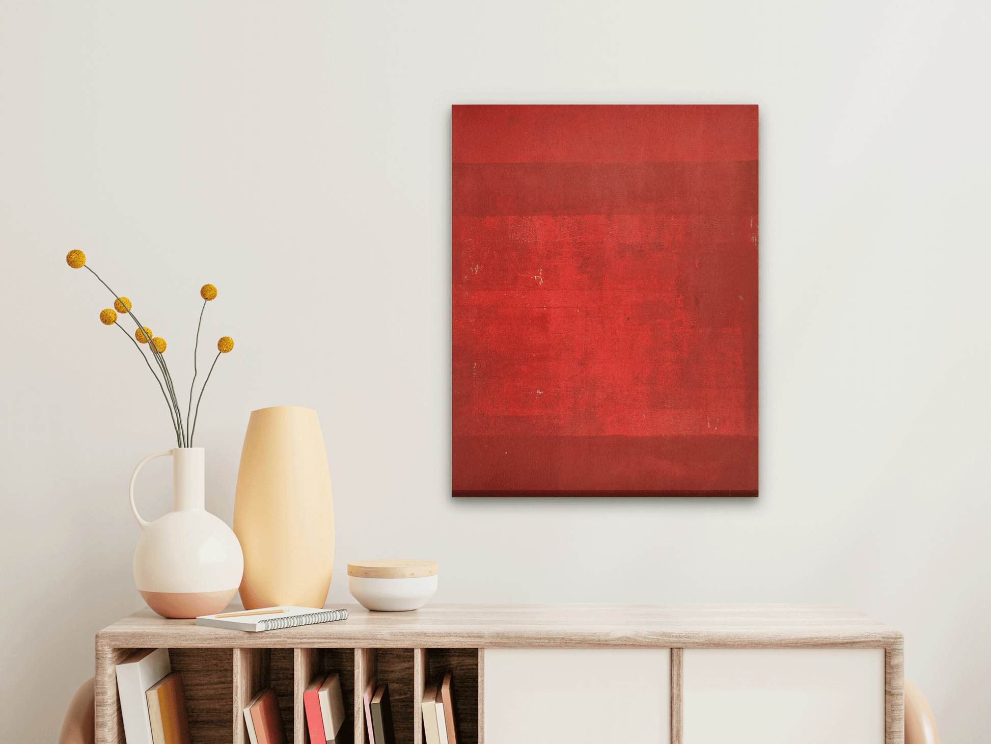 Minimalist Kumkum Red Abstract Paintings 4 :5 Vertical Premium Wall Art Canvas by MeriDeewar