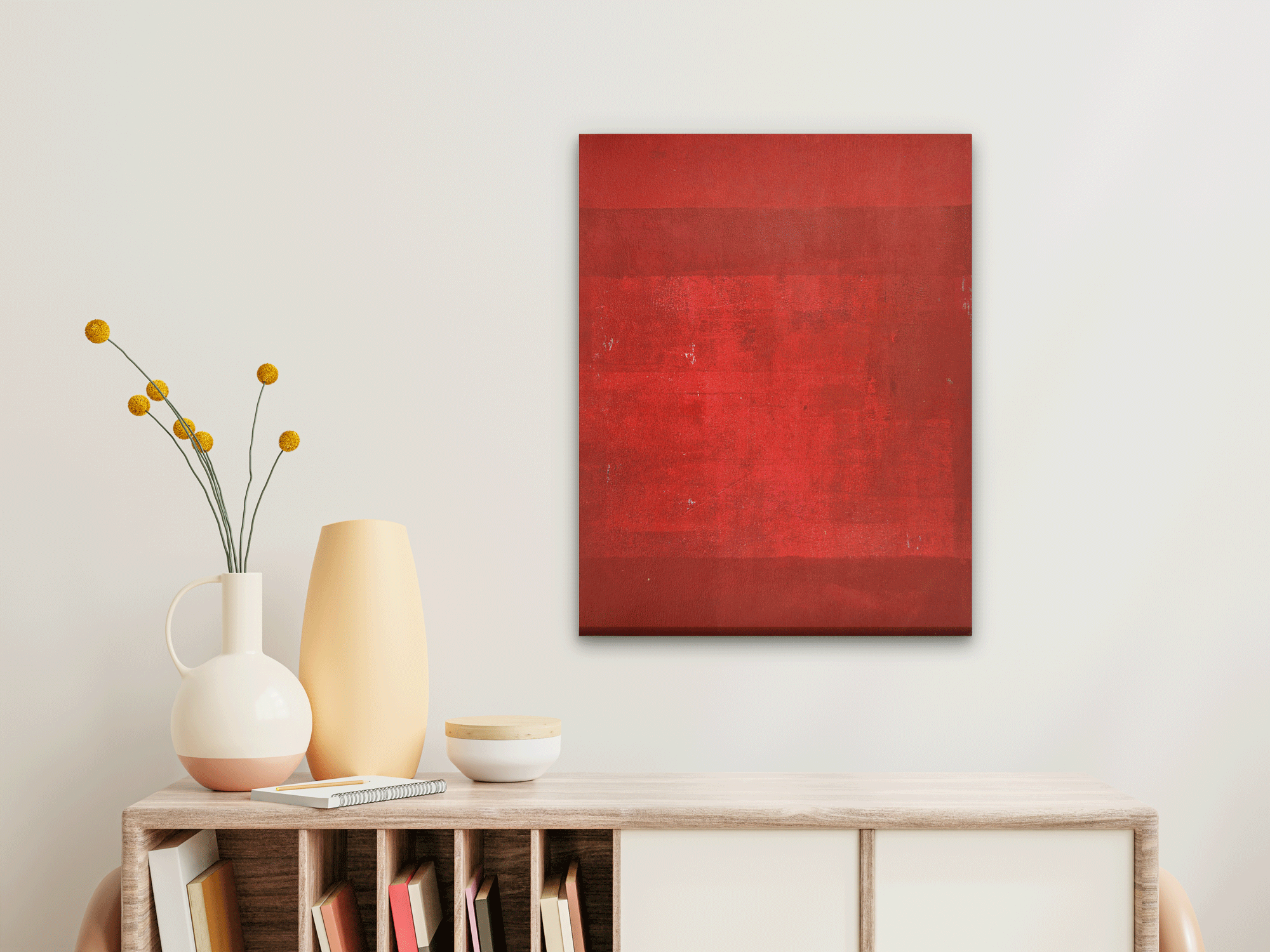 Minimalist Kumkum Red Abstract Paintings 4 :5 Vertical Premium Wall Art Canvas by MeriDeewar