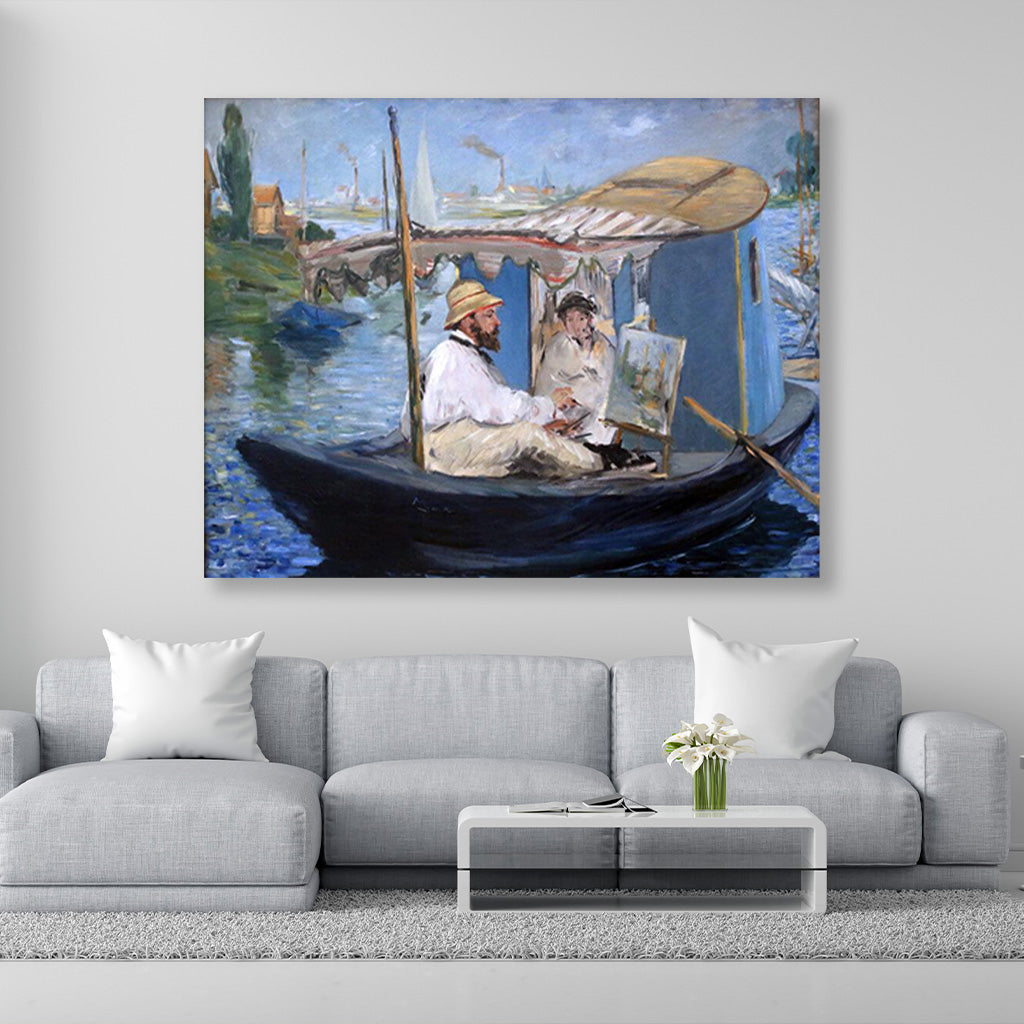 Monet Painting on His Studio Boat-Meri Deewar 5 : 4 Horizontal Premium Wall Art Canvas by MeriDeewar