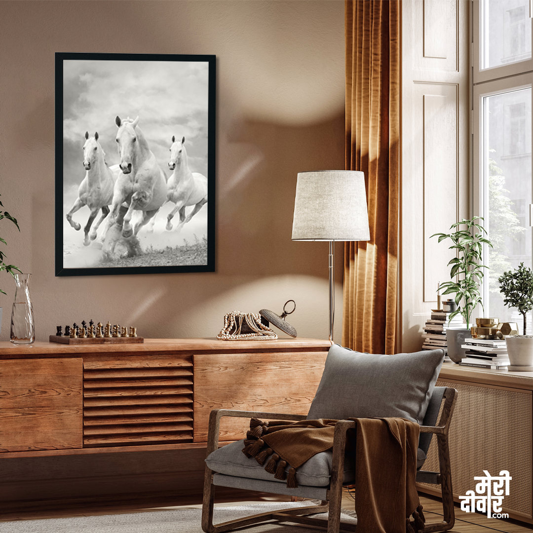 Monochromic White Horses Wall Painting 2 : 3 Vertical Premium Wall Art Canvas by MeriDeewar