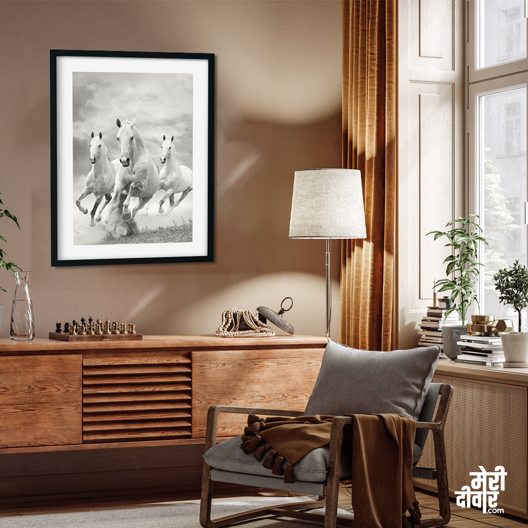 Monochromic White Horses Wall Painting 2 : 3 Vertical Premium Wall Art Canvas by MeriDeewar