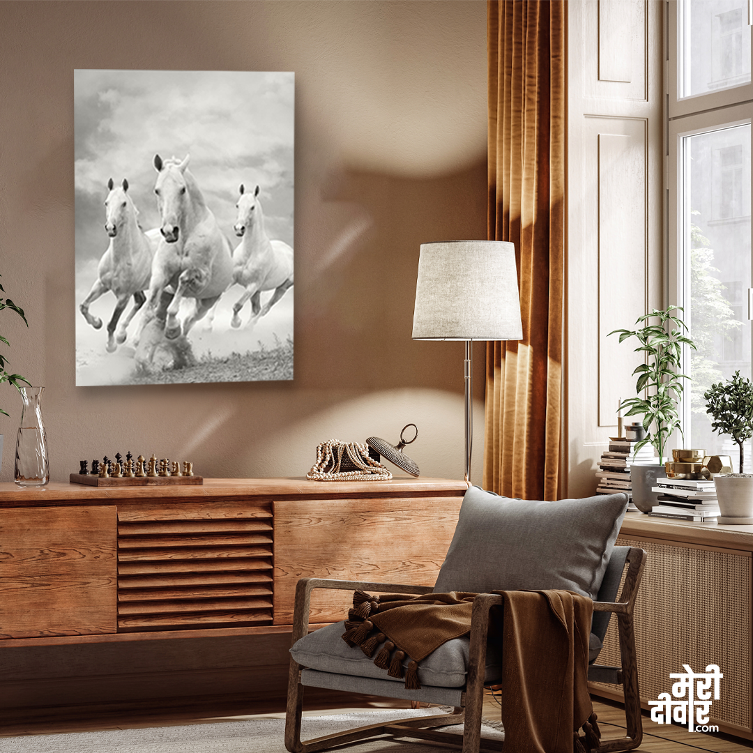 Monochromic White Horses Wall Painting 2 : 3 Vertical Premium Wall Art Canvas by MeriDeewar