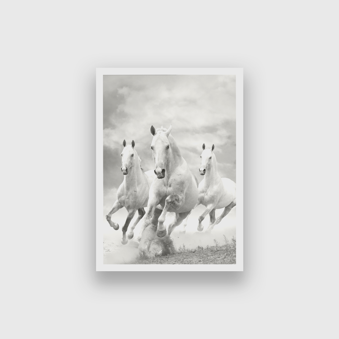 Monochromic White Horses Wall Painting 2 : 3 Vertical Premium Wall Art Canvas by MeriDeewar