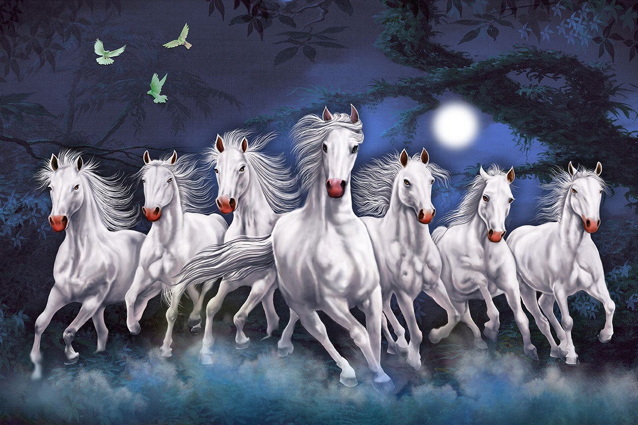 Moonlight Seven Horses Vastu Painting - Meri Deewar 3 : 2 Horizontal Premium Wall Art Canvas by MeriDeewar