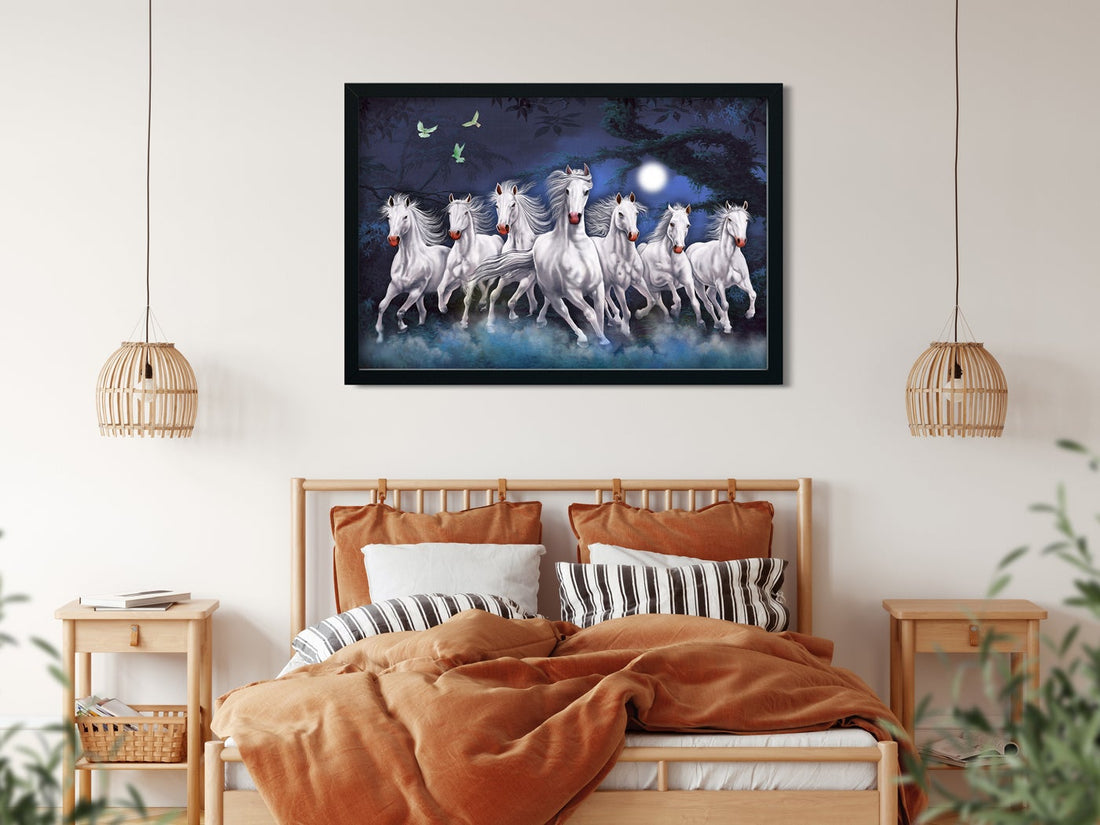 Moonlight Seven Horses Vastu Painting - Meri Deewar 3 : 2 Horizontal Premium Wall Art Canvas by MeriDeewar