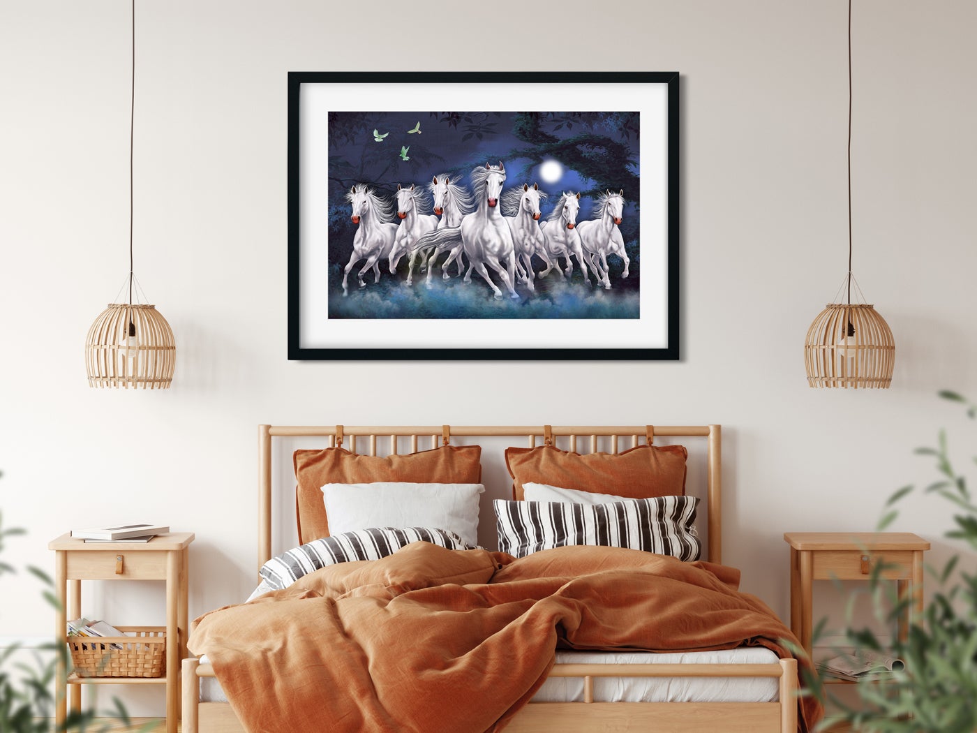 Moonlight Seven Horses Vastu Painting - Meri Deewar 3 : 2 Horizontal Premium Wall Art Canvas by MeriDeewar