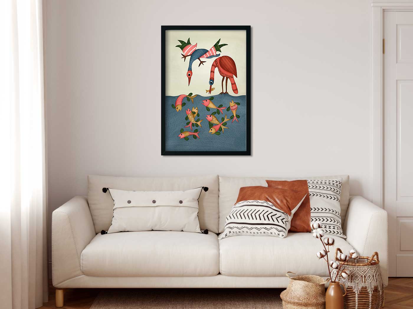 Multicolored Gond Painting Birds Painting 2 : 3 Vertical Premium Wall Art Canvas by MeriDeewar