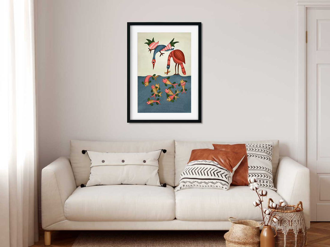 Multicolored Gond Painting Birds Painting 2 : 3 Vertical Premium Wall Art Canvas by MeriDeewar